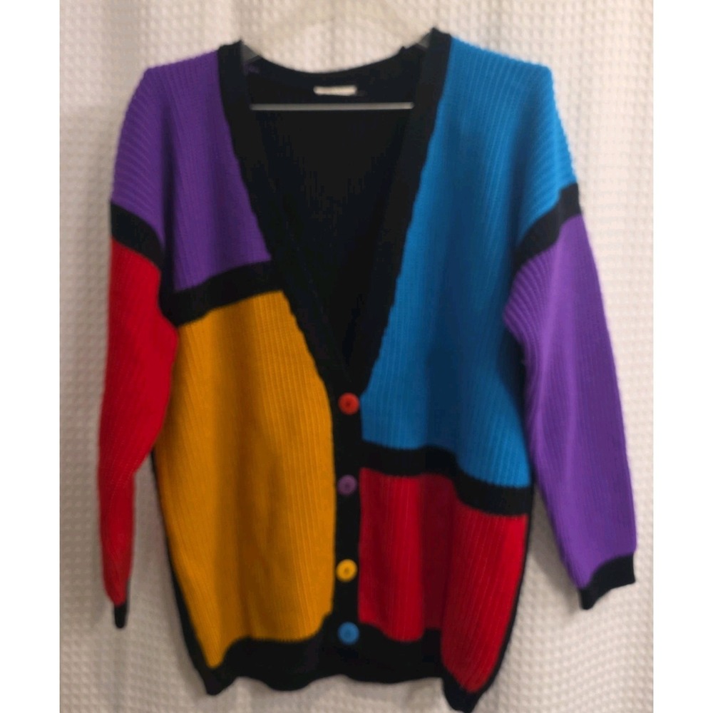 1990s Vintage Clothing Multicolor Design Knit Cardigan Large Color Blocks